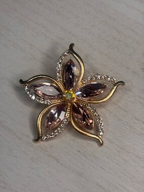 Gold Floral Crystal Brooch with Pale Pink Gems Vintage Inspired